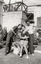 A great 1940s group shot from my Instant Relatives collection, probably taken in Southern California.  Does anyone recognize the logo on his jacket?  It may shed some light on the who, where & when for this photo. Thanks!