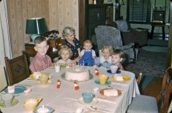 My cousins, Oak Park, Illinois. 1953. Tom (left) is the Birthday Boy. 35mm slide. View full size. The living room was seen earlier in this post.
Lovely birthday table setLovely birthday table set with Fiestaware in assorted colors. And what grandma's house would not be perfect without antimacassars on the chair? But more importantly, look at those sweet faces. 
Camera caseUnless my eyes deceive me that's a Kodak carrying case on the table behind Grandma, and that's definitely a Kodak yellow box. Slide film?  It could be 8mm movie film, too. 
Hello!I would dearly love to have that Western Electric model 202 telephone on the table behind Granny.  It was probably pushing 20 years old when this photo was taken.
Harlequin ChinaWe owned this very same china which my mom bought in Woolworth's.  It came in colors like Fiesta but was shaped differently, a little more streamlined, and was called the "poor man's Fiesta."  I believe it was reproduced in the early 70's in different colors.  Some people still call it Fiesta.  All of it was made by Homer Laughlin China Co.   The little goils had their hair set, no doubt in rubber curlers, the night before. By the way, I'll have a slice of that cake with my coffee please. Ain't Grandmas GRAND?
It&#039;s HeeeeeeeereMeanwhile, biding its sweet time against the living room wall, lurks what would become the devouring beast of the second half of the century.
Sweetly simple treatsLooks like an angel food cake by the shape of it, with tiny cups of mints beside plates of ice cream. Perhaps someone called out to hurry up and snap the picture because those ice cream slices are just about to melt!
Compared to the mountains of trash generated by today's paper party supplies and the expensive favors and goody bags, this party looks wonderful.  Everybody's enjoying cake- and time with Grandma.  I love this photo.
Nice slice of lifeSomeone should have reminded them it was time to blow out the candles.
Motorola TVGrandma is right up to date with her new Motorola TV, probably made right in Oak Park.  It looks to feature a 16" (measured diagonally) rectangular picture tube, which was likely made for Motorola by National Video Corp. the company that along with Motorola later introduced the first successful rectangular color CRT. Motorola's advertising jingle was sung to the tune of "Happy Birthday" using the words "Motorola TV."
Re: It&#039;s HeeeeeeereGreat observation/comment, Vic.  Who could have imagined that we'd go from an unobtrusive box to a monstrous     62-inch flat screen "devouring beast?"  I remain faithful to my 32-inch Magnavox encased in a simulated wood-grain cabinet.  It's a retro dinosaur!     
GE whizThat's a General Electric TV, a 1951 model.  I do agree that it's probably a 16 inch set as it looks almost identical to Model 16T3, but for the fact that the top appears to be flat rather than arched.
[General Electric 16T5. - Dave]
(ShorpyBlog, Member Gallery, Kids)