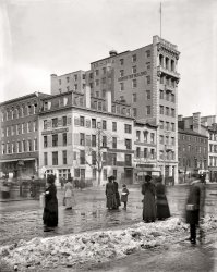 From now until February we'll be doing hourly updates from the ShorpyCam at Seventh and F. National Photo Company glass negative. View full size.
Re: Open WindowsBig coal-fired steam heaters didn't have a lot of finesse. No "zones," and maybe not even a thermostat -- more likely a guy in the basement and a coal shovel. In the Northeast you can still find buildings from this era and earlier which leave you sweating it out in one room and freezing in another. 
A&amp;PThe  "Great Atlantic &amp; Pacific Tea Company" visible on the left in the background was the ancestor of A&amp;P supermarkets. They launched the modern grocery store concept in 1912. Within a few years, they had hundreds of stores, using standardized layouts and innovative pricing.
Segregation by sexGreat idea!  All the men stand on the dry streetcorner, empty-handed, smoking and talking while all the ladies carrying numerous cumbersome packages and wearing long skirts go walk around in middle of the road in the flood of slush.
Who&#039;s Your Friend?District Loan Advertisements: circa 1906 &amp; 1909. A revealing example of the time when pianos, as opposed to automobiles, were considered prime collateral for a loan.

Don't ask a friend for money.  You might be disappointed.  CALL ON US and BE SURE!  Make a business transaction of it, then no one will know of your affairs.  We loan on furniture, pianos, teams, etc.  Loans paid off and more money advanced at lower rates. District Loan Co., 639 F street NW, Corner 7th &amp; F.
If you decide to get a PRIVATE loan on furniture, piano, etc., without removal, and want to get it where NO QUESTIONS WILL BE ASKED, where the matter will receive prompt and courteous attention, fill out this blank, mail it to us and our AGENT WILL CALL AT ONCE and explain our rates, which are the lowest offered in the city.  Loans paid off and more money advanced.  Tel. Main 4373.
