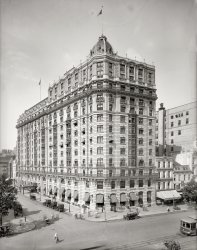 The Raleigh Hotel at 12th Street and Pennsylvania Avenue in Washington circa 1911. National Photo Company Collection glass negative. View full size.
Air-conditioned!1930s postcard view of the Raleigh and its lobby:

Ka-boomI can't remember when it was demolished, but I'm sure it was before my time.
[1964. Although it has a near twin in the Willard Hotel, designed by the same architect. - Dave]
WTTG - Westinghouse BroadcastingThe WTTG studios were on the top floors of the Raleigh hotel, broadcasting on Channel 5 in the metro area.  I recall that around 1962 I went with a group of other kids who had a muscular dystrophy carnival to the Bill Gormley Show to present the donation.  Bill showed a Three Stooges episode and some cartoons during afternoons.  While waiting to go on, we were next to the set of Captain Tugg's "Channel Queen."  This was the pilot's house of a tugboat and Popeye cartoons were presented during that half-hour, after-school program.
Frank R. Scheer
Railway Mail Service Library
Raleigh HaberdasherRaleigh Haberdasher, or Raleigh's as we used to call it, began as a shop inside the hotel back in 1911. Just one of the many local emporia that were distinctively Washington, D.C. Does anyone remember Woody's (Woodward &amp; Lothrop), The Hecht Co., Lewis &amp; Thomas Saltz, Lansburgh's, Kann's, Jellef's, Julius Garfinkel and Britches of Georgetown? I hardly recognize downtown D.C. these days, so much has changed. For the better, I'm sure.
[The Raleigh Haberdasher opened in 1911 at 1109 Pennsylvania Avenue, two doors down from the hotel. - Dave]

The LansburgerI remember all of the establishments you mention.  I also remember that the Raleigh Hotel had an indoor swimming pool on one of the higher level floors.  I recall F Street as a glittering heart of shopping in the late 1940s early 1950's.  A womens' clothing store named Jellef's stands out particularly for me because it had fascinating concave display windows that gave the impression that one could reach in and examine the items that had been set out.  My father and uncles had a shoe store on 14th Street and my mother and I would take the bus and trolley there from Southwest Washington, where we lived. She would take me to lunch at Lansburgh's where something called "The Lansburger" was served.
Raleigh Haberdasher clothingI bought a pristine Raleigh Haberdasher women's suit at a rummage sale. I'm a collector of vintage jewelry, hats, clothing, &amp; purses and I would like to determine the approximate age of the suit. Can someone give me information about the Raleigh Haberdasher store so I might determine the approximate date. I would also like information about Raleigh Haberdasher (if there is such a person). Thanks. My e-mail is gregory3@frontiernet.net
[A haberdasher is a seller of clothing -- it's not someone's last name. Raleigh was the name of the hotel the store was in. Did you read the "Raleigh Haberdasher" comment below? - Dave]
The elegance of Raleigh&#039;sMy father, who was the best-dressed man I ever knew, purchased his clothes at Raleigh's and Thomas Saltz.  My husband, who is from Massachusetts, is the second-best-dressed man I ever knew, so in the early years of our marriage, I introduced him to Raleigh's.  Whenever we visited my hometown, my husband would shop there.  We were devastated when Raleigh's Connecticut Avenue store closed and became a Filene's basement (good heavens!).  Where are the elegant gentlemen of yesteryear?
(The Gallery, D.C., Natl Photo)