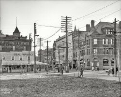 Newport News, Virginia, circa 1905. "Washington Avenue." 8x10 inch dry plate glass negative, Detroit Publishing Company. View full size.
Spanky! There he is waiting for the gang to join up in the middle of the photo.
  In today's world, one would never think of letting kids out alone at that young of an age. Back then, everyone was your parent, and watched out for you. 
Dogs and SailorsMy late father served in the Navy during WW2 and the Korean war and one of his many stories he told me was about the signs that some of the businesses posted in Newport News saying "Dogs and Sailors Keep Off the Grass."
Apparently at the beginning of the war, some of our seaports weren't exactly enamored of our sailors and their interaction with the local young ladies.
(The Gallery, DPC)