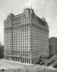 New York circa 1910. "Plaza Hotel." Yet another view of this aristocratic edifice. 8x10 inch dry plate glass negative, Detroit Publishing Company. View full size.
Beautiful buildingI love this place. My nephew is now a bartender there most evenings. Stop in and ask for Sean!
New York ObserversSomething to do with Eloise?
Things To Come100 years later, the Plaza is still a 5 Star venue, however the majority of the units are condos. What would have been beyond the imagination of anyone in that building in 1910, would be the building directly across the street. On the plaza (small p) in front of the GM Building, is a glass box structure that houses the entrance to a subterranean Apple Store that is open 24/7 showing and selling equipment undreamed of in 1910. It is usually packed. In the short 5 years of its existence it has become a major NYC attraction.
Double ConeIntriguing building just to the right of the Plaza.
Heart attack!Heights don't bother me too much, but this one spooked me. I can't imagine being up there!
One night standThe aristocratic edifice is superb. In 1961, my wife and I stayed there one night on our honeymoon. The lobby was magnificent, but our room was dusty, and the low pressure in the bathroom, rusty water, and rust stained fixtures were memorable for all the wrong reasons. Surely they pegged us for their bumpkin accommodations. 
RealismThis is another of those wonderful pictures that, excpet for the people and traffic, could have been of a very detailed, large scale model.  Beautiful. Sean, eh?  I must remember that.
(The Gallery, DPC, NYC)