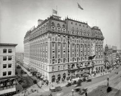 New York circa 1909. "Hotel Astor, Times Square." Note the elaborate roof garden. 8x10 inch glass negative, Detroit Publishing Company. View full size.
Shades of greatnessAnother great building from the golden age of window awnings!
I had nothing to lose at the Astorback in '57, when I was a new immigrant with a couple of bucks in my pocket, nursing a 15 cent draft beer at the bar. It was where I went to get away from the cheap rooming house on 36th Street. Ten years later, when they tore it down, that little beer was something with an olive in it and I spent more than two bucks tipping my doorman at the place where I still live. I was sorry to see my old hangout turn to dust.
Reach for the starsNew York Times, 1920:
Down near Times Square the Hotel Astor Roof Garden and Belvedere Restaurant make it possible for the wayfarer to leave the torrid stretches of Seventh Avenue and in a few moments find himself in a real garden surrounded by flowers.
There is the open-air dancing floor and the restaurant is conspicuous for dangling ferns and trailing vines. A unique feature of the restaurant is the gabled-glass roof over which flows a miniature Niagara.
Taxis of the Marne?I'm not aware that Renault automobiles were sold in America that early, but look at that taxi stand. There's a remarkable resemblance to the cabs that saved Paris in 1914.
[The Renault Taxicab Company was incorporated in New York in 1907 and operated out of the Renault garage. - Dave]
Thermos: The BottleAnd here I haven't even seen the film yet.
Have you heard that Mimsy StarrJust got pinched in the Astor bar?
Cole wasn't writing about the roof garden, but I've always loved that line.
Additional pictures &amp; story of the Astorhttp://www.nyc-architecture.com/GON/GON023.htm
Hotel Astor Roof GardenAre there pictures of the Roof Garden? What is the building that replaced this hotel when it was torn down?
Xesús Cociña Souto (Santiago de Compostela, Galiza, Spain)
[Click here. - Dave]
Per NightI wonder what the rates were in 1909.
Fiat: made in USAFiat automobiles were"home made" upriver 75 miles in a beautiful art deco factory. The building became Western Printing home of all the Dell comic books you may have read long ago. All gone now. A Staples has since been built on the site.
[Upriver from Times Square? Everyone into the canoe! - Dave]
Good one! Yup, better than "up the river" some thirty miles (give or take).
6-6-66, 5-5-55Back on June 6, 1966, at 6:06 p.m., a group that had last met on May 5, 1955, at 5:55 p.m. gathered once again as planned at the Astor Bar to savor the moment. On September 9, 1999, at 9:09 a.m., at 9th Avenue and 19th Street, we had planned to meet again, but fate intervened and the venue was changed to the Deer Park Hotel in Newark, Delaware, close to the setting of our first gathering. Talk about having a life-long obsession with numbers on the calendar!
The ClockUnder the Astor Hotel's clock was where Robert Walker and Judy Garland agreed to meet in the 1945 movie "The Clock."
How deep?Nobody else has commented on this yet, but was it built 10-windows deep and later expanded by six more windows? Some of the pictures on the NY Architecture page seem to confirm that it started life more shallow.
[You might be looking at a picture of the Knickerbocker Hotel, which seems to be on that page by mistake. But yes, the Hotel Astor was enlarged by six windows at the back in 1908-1909. - Dave]
Bigger AstorIt is easy to see the approximately 60% addition to the hotel looking down 45th street. Looks like 6 rows of windows newer looking than the rest of the hotel. 
Golden RenaultThat 35-45 HP Renault Chassis would be $187,532.95 today's money.
I want a room on the top floor with the railingor a room with a flagpole sticking out the window
MTV TRL at 1APThe Astor was replaced by a skyscraper initially known as the W.T. Grant Building, now known as 1 Astor Plaza. Viacom is a primary tenant, and one of the Viacom cable channels (MTV) has broadcast from one of the lower-level studios.  Total Request Live (or TRL), which introduced the world to Carson Daly, was one of those shows. That ain't working, that's the way they do it.   
Rare style nowadaysThere are not that many Beaux-Arts buildings left. The Willard Hotel in D.C. is one of them and narrowly escaped the wrecking ball in the '80s. One of these days I am going to stay in a room that has one of those beautiful huge round windows!
(The Gallery, DPC, NYC)