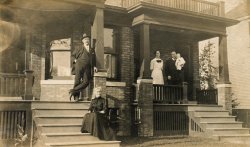 This photo is circa 1913 when my grandfather worked for Ford Motor in Highland Park at the Model T plant. He worked there from 1910 to 1919. He went to school with Edward Gray, Henry Ford's chief engineer, who, with Albert Kahn, designed the Highland Park plant. Grandpa returned to Pennsylvania in 1919 but then came back in 1937 at the request of Gray and worked with Gar Wood and Ed Gray at Gray's Grayhaven facilities in Detroit. His last job was working on a special transmission for landing craft for the invasion of Japan, of course those were never needed. To the left, my grandparents, Elmer and Emma LeSuer and their firstborn, Elmer Jr. Their landlords, the Boltons, to the right. Here is a Shorpy photo of the craneway at the Highland Park Plant. View full size.
Who flopped what?Either the photo is flopped or someone doesn't know their left from their right.
My mistake!Yes, grandma and grandpa to the RIGHT. Sorry jamesforsyth, you are correct- my mistake, just reverse my directions!
(ShorpyBlog, Member Gallery)