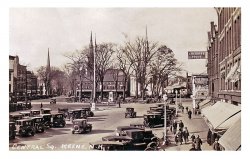 Real Photo Post Card, Azo paper, stamp box design in use 1924-49. Main Street (foreground) was once billed as the "World's Widest Paved Main Street." Congregationalist Church is the white spire at the top of the square, westernmost spire is Grace Methodist, on Court Street. Some version of the Cheshire House, a well-known hotel, stood on the east side of Main from 1837 to 1934, when it was replaced with a one-story commercial block.
(ShorpyBlog)