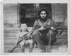 My parents had a vacation planned for Cuba at the time the revolution exploded.  My dad is from Cuba so he did not hesitate and we went there despite all the turmoil in Havana.  As we were sightseeing in Havana we came upon the "Presidential Palace" where a few revolutionary guards were maintaining security.  My dad asked one of the guards if he could photograph me with him.  He agreed and furthermore, his partner offered his rifle for me to pose with it for a better photo.  I believe the photo was taken in January of 1959.  The soldier's signature is in the back of the photo and I have tried to locate him several times in visits to my family in Cuba but have had no luck.