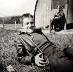 My dad again relaxing for the photo at the base in Bodney, UK, late 1944. He flew with the 487th Fighter Squadron, the "Blue Nosed Bastards of Bodney."