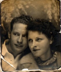 My paternal grandparents, around the time they got married in 1937. The original size of the picture is small, likely one of those photo booth pictures found at fairs and arcades.