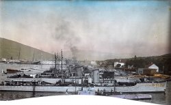 German Torpedo boats and U-Boats. This was possibly taken at the Adriatic seaport of Trieste. Scanned from the original German 9x12cm hand colored glass slide. Unfortunately the bottom 2cm were broken off. 