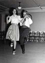 Mom dancing with E. Eddy Nadel, founder of the Harvard Folk Dance Society, c. 1944-46. My parents met there, or at the International Student gatherings. Until recently, I still had some of the 78s they used to dance to. View full size.