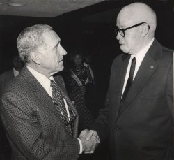 Actor James Whitmore greets Omar N. Bradley backstage at the Mark Taper Forum in Los Angeles, after a performance of his one man show "Give 'em Hell, Harry!" It was Bradley's first night out since his stroke on March 17,1975. At the time Omar Bradley was the only living Five-Star General of the Army. Taken on May 26, 1975 with a Nikon F, 35mm Tri-X film with flash. View full size.
(ShorpyBlog, Member Gallery)