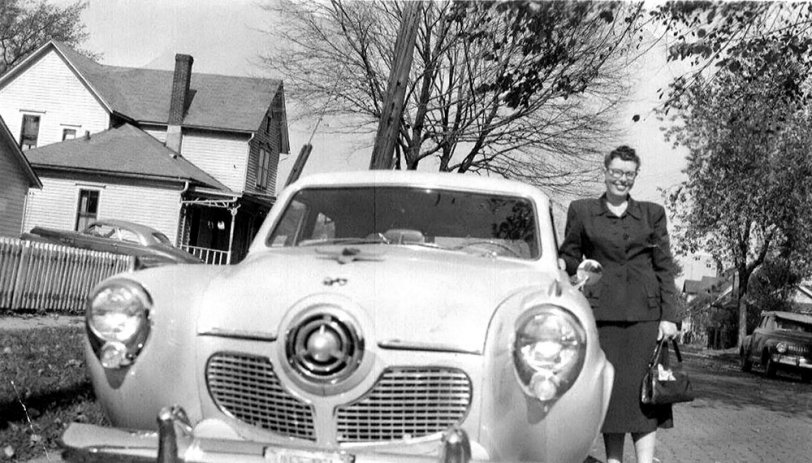 Marcella Welsh of Springfield IL shows off her new Studebaker Commander for relative in Freeport, IL, 1952. View full size.
