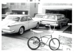 This isn't a picture of my Bicycle, my house or my cars, but it might just as well be. I remember my childhood in 65 looking a great deal like this. This 3x4 black and white print is from a lot of photos found at auction. View full size.