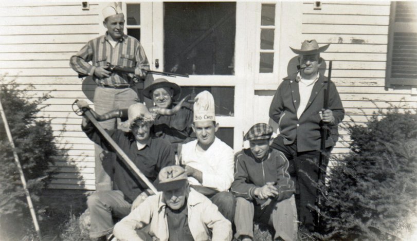 My Grandfather Gardner Ritchie (on right with gun) clowning around in Melvin Village, NH, with the Woods family of Wilmington, MA. View full size.
