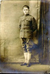 This is my great-uncle Michael Isaacs, taken in April 1918 when he joined the 308th Infantry, 77th Division, in World War I. Michael was assigned as a runner to the HQ Company of the 308th. He was killed in the Ardennes on October 24, 1918, just three weeks before the Armistice. View full size.