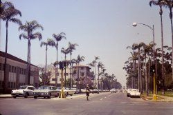 Another slide from a trip my father and grandfather made to Southern California in the summer of 1967. View full size.
Jaywalker!Probably off to take a gander at the Porsche 356B, parked behind the circa 63-64 Caddy convertible like a dinghy.
San Diego intersectionI just noticed your posts of several photos from Southern California in 1967, and was startled to recognize this intersection perfectly. This was taken in San Diego on Sixth Avenue looking north at Laurel Street. Sixth is the west boundary of Balboa Park, and Laurel continues into the park to the Cabrillo Bridge, two blocks east of this intersection. The Colonial style building at left was the "Banker's Hill" branch of San Diego Trust &amp; Savings Bank, built on the site of the 1880s mansion of the bank's original owner, Joseph Sefton. Highrise condos replaced the bank's block a few years ago, but the four-story Craftsman style apartment house in the next block is still there at Sixth and Maple, and beyond that a glimpse of the gray back end of St. Paul's Episcopal Cathedral.
Palomar HotelBuilding in the background was The Palomar Hotel.  I read somewhere that Charles Lindbergh stayed there. Below is a postcard of the hotel.  
(ShorpyBlog, Member Gallery)