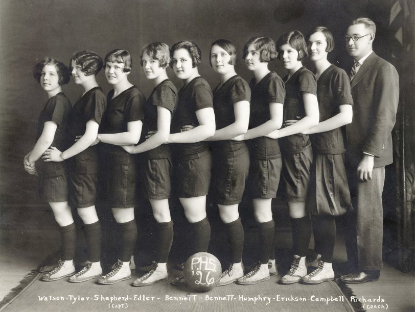 The 1926 Paonia, Colorado high school girls basketball team. My grandmother is 4th from the right - "Humphry" - and they're all seniors except for Miss Watson (far left) who was the only junior that season. They were the western Colorado girls champions that year. Grandma died just last year (2010) at the age of 101. She out-survived the entire class and virtually all of her peers for sure, and she didn't play competitive basketball after high school. View full size.
