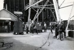 My grandfather, James "Harry" Ramsey, loved working as a copper miner, in Rio Tinto, Nevada.  The Rio Tinto mine flourished during World II, but declining copper prices after the war forced the mine to close in 1948. Rio Tinto is now a ghost town. This photo was taken by my grandmother in 1941.  Grandpa is the third man from the left. View full size.