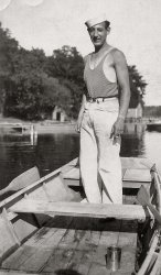 My dad's real father, Roland (Rollie) Herse, taken sometime in the mid 1930s, probably out on Silver Lake, Wisconsin.  He &amp; my grandma had been married just five years (&amp; my dad was only 3 months old) when he died of kidney failure in November 1937 (a few days before Thanksgiving, according to my dad) at the ripe young age of 33.  What I love most about this photo is the tan line from his watch.
(ShorpyBlog, Member Gallery)