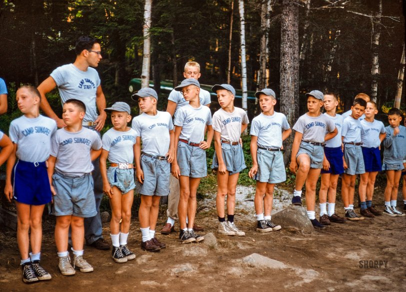 July 1955. "Boys and counselors at Camp Sunapee, New Hampshire." 35mm Kodachrome by Toni Frissell for the Sports Illustrated assignment "Boys' Camp." View full size.