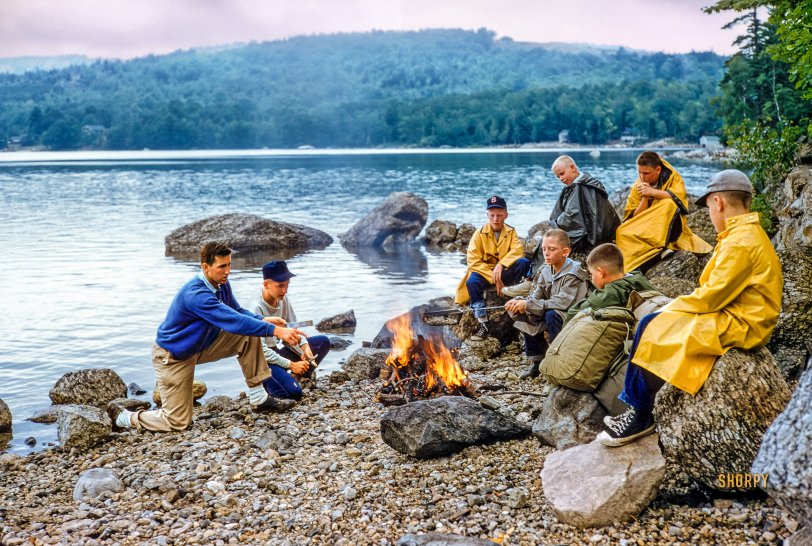 July 1955. "Camp Sunapee, New Hampshire. Campers making popcorn on a rainy day at Pleasant Lake." Another of the more than 800 Kodachrome slides taken by Toni Frissell for the Sports Illustrated assignment "Boys' Camp." View full size.
