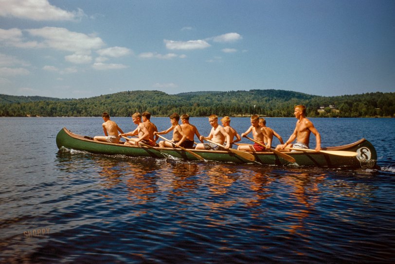 July 1955. "Art Brooks and boys canoeing on Little Lake Sunapee, New Hampshire." 35mm Kodachrome by Toni Frissell for the Sports Illustrated assignment "Boys' Camp." View full size.