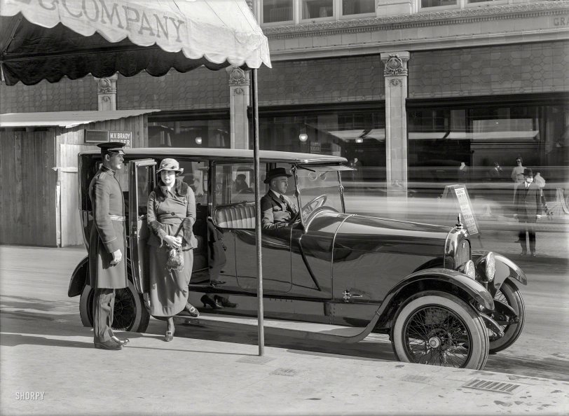 Somewhere in San Francisco circa 1919. "Woman alighting from Marmon limousine." At first this would seem to be all about the car, until we notice the pedestrian with the influenza face mask, and sign advertising what seems to be an appearance by the actress Aurora Mardiganian in connection with ARMENIAN MASSACRES. 5x7 glass negative by Christopher Helin. View full size.
