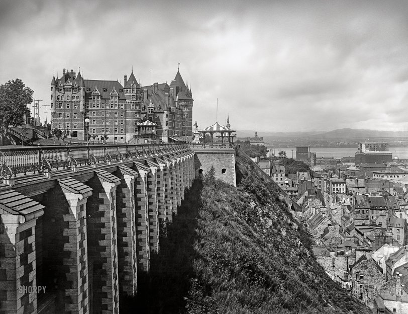 Circa 1900. "Château Frontenac &amp; Dufferin Terrace, Quebec City." This majestic hotel, constructed by the Canadian Pacific Railway on a bluff overlooking the St. Lawrence River, opened in 1893. 8x10 inch glass negative, Detroit Photographic Company. View full size.
