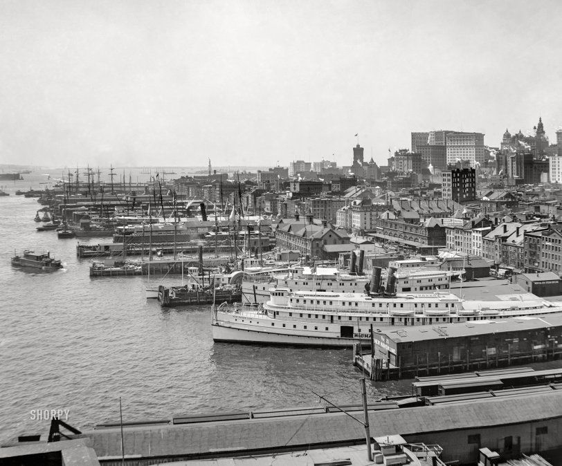 Lower Manhattan and the East River circa 1901. "Riverfront from the Brooklyn Bridge, New York." 8x10 inch dry plate glass negative, Detroit Photographic Company. View full size.