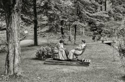 Circa 1905. "On the grounds of Kittatinny House, Delaware Water Gap, Penn&shy;syl&shy;vania." 8x10 inch glass negative, Detroit Publishing Company. View full size.
 It&#039;s a gliderFoot board and base are fixed, benches and frame they're on roll back and forth/rise and fall on that curved track visible above the rearmost wheel at the right. Kind of an  interesting design but seems like it would be awkward because of the height to the "floor."
Rock and Roll?Trying to determine if the four-seated device rocks, rolls or is tethered.
[Here are a couple examples. -tterrace]

Kittatinny HouseKittatinny House was a large resort hotel. Opened on June 20, 1872, it boasted electric lights, elevators, steam heat, running mountain water in every room, a telegraph office in the hotel and its own orchestra.  It was constructed of wood.  Yep, in 1931.  To the ground.
(The Gallery, DPC)