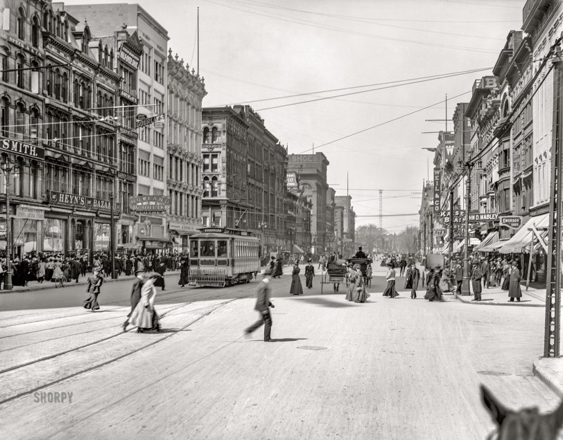 Detroit circa 1907. "Looking up Woodward Avenue from the Campus Martius." 8x10 inch dry plate glass negative, Detroit Publishing Company. View full size.
