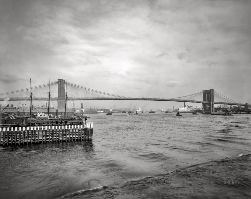 New York circa 1904. "Brooklyn Bridge and East River." The Williamsburg Bridge in the distance. 8x10 inch dry plate glass negative, Detroit Photographic Company. View full size.