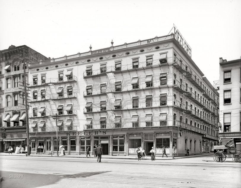 1908. "Keeler's Hotel, Albany, N.Y." The fire-escape-festooned establishment last glimpsed here. 8x10 inch dry plate glass negative, Detroit Publishing Company. View full size.
