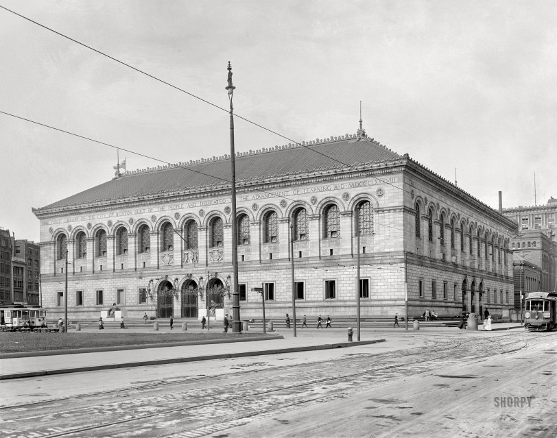 Boston circa 1912. "Public Library, Copley Square." Completed in MDCCCLXXXVIII -- which, in Roman numerals, requires more characters to write (13) than any other year to date. Also of note: The R.P.O. (Railway Post Office) at left, and streetcar to Holyhood Cemetery at right. 8x10 inch dry plate glass negative, Detroit Publishing Company. View full size.