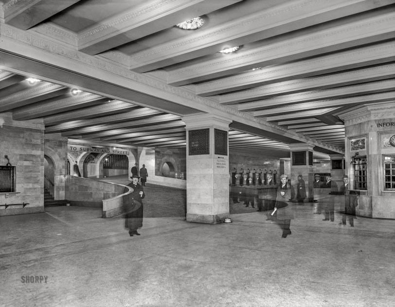 Manhattan circa 1913. "Suburban concourse with ramp, Grand Central Terminal, New York Central Lines." Phantom commuters and ectoplasmic pedestrians populate this flash-powder time exposure. 8x10 inch glass negative, Detroit Publishing Company. View full size.