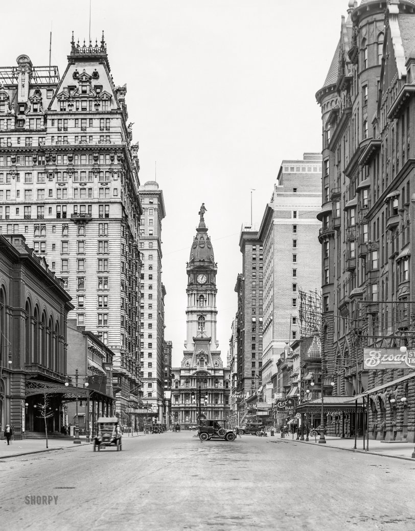 Philadelphia circa 1912. "Broad Street and City Hall tower." William Penn presiding over a profusion of hotels and theaters. 8x10 glass negative, Detroit Publishing Co. View full size.