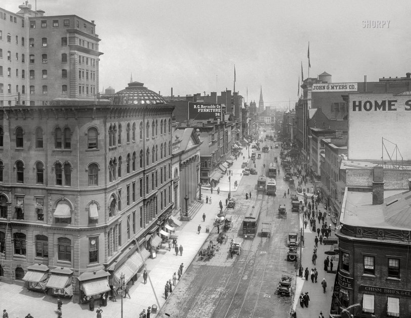 1914. "Pearl Street from State Street -- Albany, New York." Last seen here at street level, a decade earlier. 8x10 inch glass negative, Detroit Publishing Company. View full size.