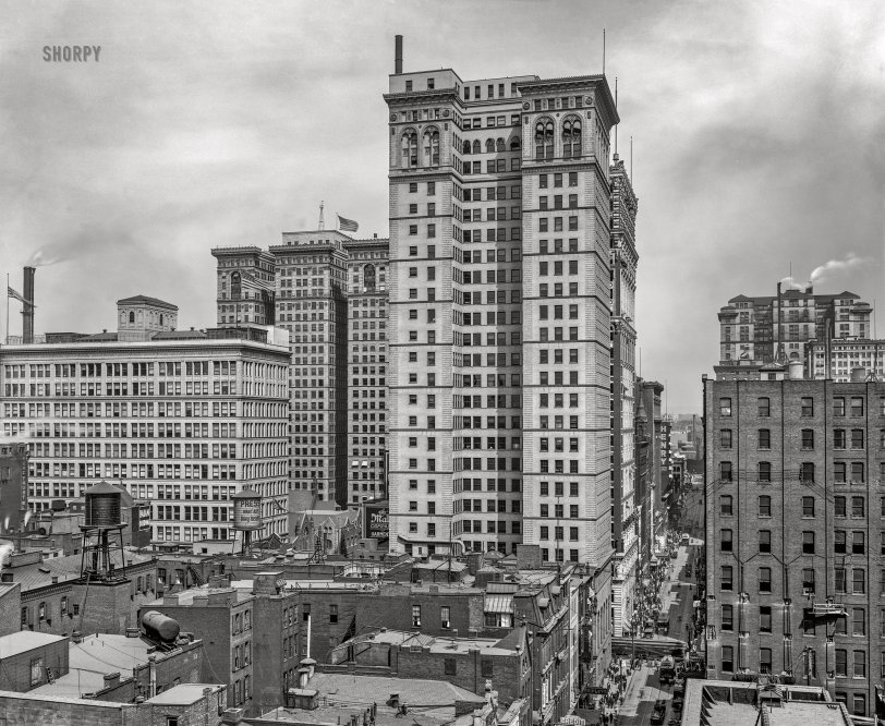 Pittsburgh, Pennsylvania, circa 1914. "Group of skyscrapers and Fifth Avenue." 8x10 inch dry plate glass negative, Detroit Publishing Company. View full size.