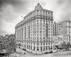 Washington, D.C., circa 1912. "The New Raleigh." The recently completed Raleigh Hotel at Pennsylvania Avenue and 12th Street N.W., built on the site of the previous Raleigh Hotel. 8x10 inch dry plate glass negative, Detroit Publishing Company. View full size.
On this siteIn 1865, 12th &amp; Pennsylvania NW saw historic events that might have been even more historic. On April 14, Vice President Andrew Johnson was asleep in the Kirkwood House hotel on this site when Abraham Lincoln was assassinated three and a half blocks away. The next morning, Johnson was sworn in as President on the third floor of the Kirkwood House.
In fact, John Wilkes Booth's plot included killing Johnson, but George Atzerodt, the designated assassin, after hanging around the hotel most of the day went to a nearby bar and got drunk. Had Johnson been killed that night, a constitutional crisis would have ensued. Under a 1792 law, Lafayette Sabine Foster, president pro tempore of the Senate, would have been "acting President" until a special election could be organized. There were few if any guidelines for any of that.
AwningsThey’re gorgeous and I miss them, but I can’t figure out why some windows have them and others don’t.
(The Gallery, D.C., DPC)