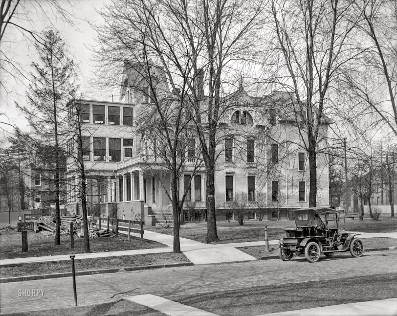 &nbsp; &nbsp; &nbsp; &nbsp; UPDATE: This is the Boulevard Sanitarium, founded in 1903 at 251 West 25th Street. Hat tip to Shorpy member William Lafferty.
Detroit circa 1908. "No caption (automobile parked in front of three-story house with side porch)." At the construction site next door: "These lots for sale. Enquire W.S. Pocock." 8x10 inch dry plate glass negative, Detroit Publishing Company. View full size.