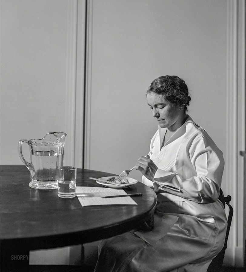 Washington, D.C., circa 1935. "Miss Lucy Alexander, food tester, Department of Agriculture." Something of a Shorpy celebrity, last seen here and here. 8x10 inch acetate negative by Theodor Horydczak. View full size.
