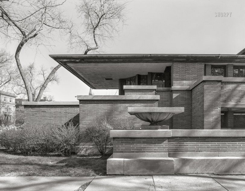 Chicago circa 1955. "Frederick C. Robie house, Hyde Park. Exterior." Acetate negative by the architectural photographer Balthazar Korab (1926-2013). View full size.
&nbsp; &nbsp; &nbsp; &nbsp; Completed in 1910, the Robie House is the consummate expression of Frank Lloyd Wright’s Prairie style. Robie House sparked a revolution in residential architecture that still reverberates today and is considered one of the most important buildings in architectural history. The house is a masterpiece of the Prairie style and a forerunner of modernism in architecture. -- Frank Lloyd Wright Trust
