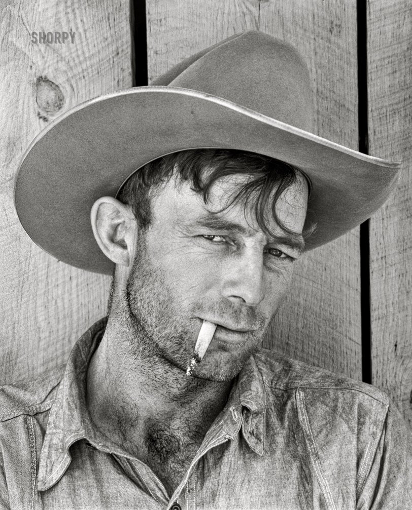 June 1939. "Cowhand at the Quarter Circle 'U' Brewster-Arnold Ranch, Montana." Acetate negative by Arthur Rothstein for the Farm Security Administration. View full size.
