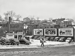 November 1940. "After a snowstorm in Norwich, Connecticut." Fill 'er up with Esso Extra! Medium format negative by Jack Delano. View full size.