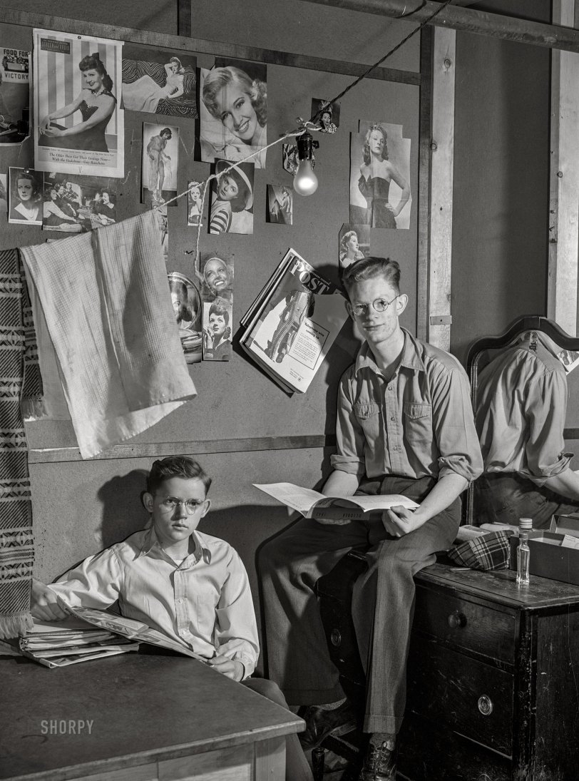 February 1943. Madison, Wisconsin. "Gordon Swanstrom and Morell Babcock of Burnett County, students in the farm short course at the University of Wisconsin." Medium format acetate negative by Jack Delano for the Office of War Information. View full size.