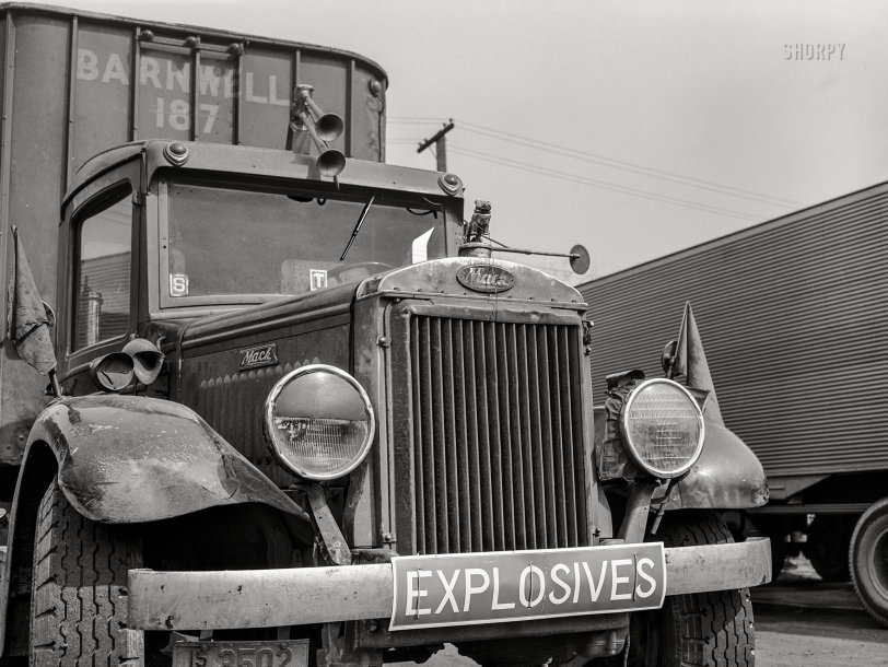 March 1943. "Baltimore, Maryland. Associated Transport trucking terminal. Truck loaded with explosives." Acetate negative by John Vachon for the Office of War Information. View full size.