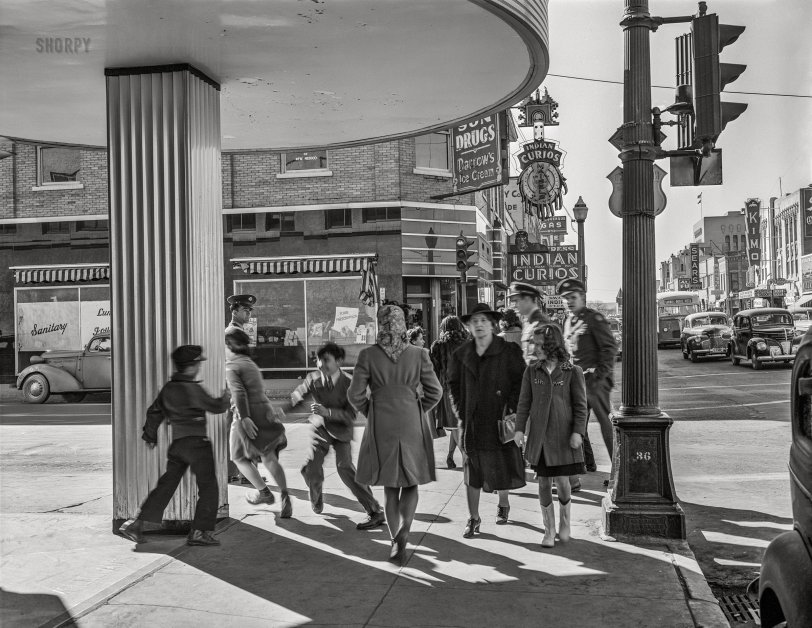 February 1943. "Albuquerque, New Mexico. Central Avenue and Fourth Street." Acetate negative by John Collier for the Office of War Information. View full size.