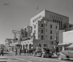 February 1943. "Albuquerque, New Mexico. The Hotel Franciscan on Central Avenue." Medium format acetate negative by John Collier for the Office of War Information. View full size.