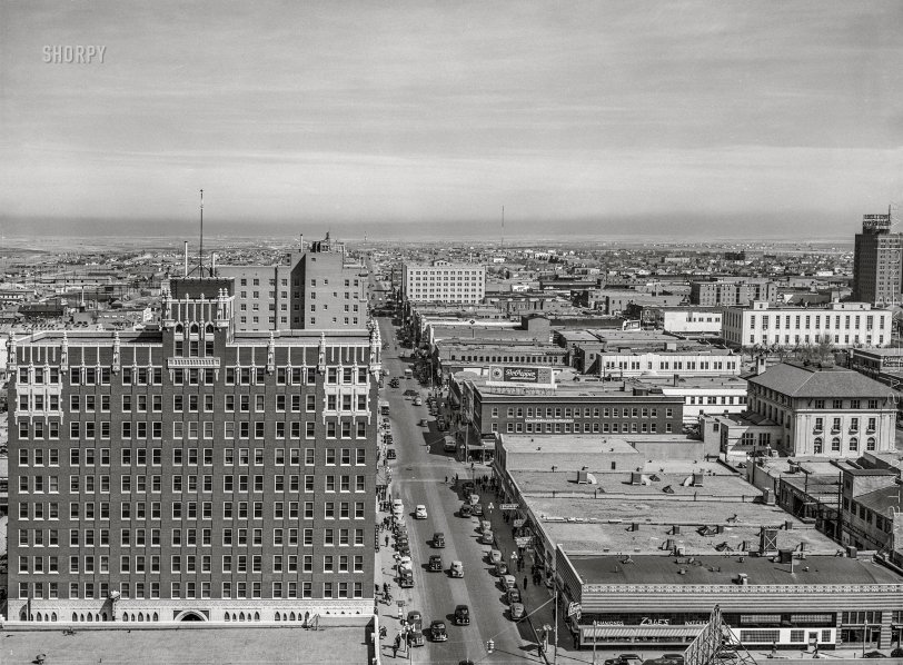 March 1943. "Amarillo, Texas. View over the city." The Fisk Building and South Polk Street. Acetate negative by Jack Delano for the Office of War Information. View full size.
