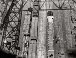 April 1943. "Detroit, Michigan. Freight cars in railyard seen from above." 4x5 inch acetate negative by Arthur Siegel for the Office of War Information. View full size.